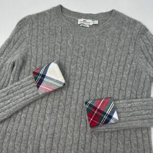 Vineyard Vines Womens Gray 100% Cashmere Cable Knit Plaid Cuff Sweater Small